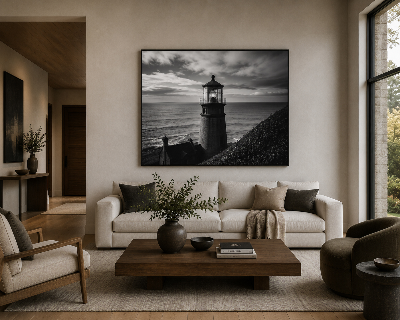 Black and white Heceta Head Lighthouse Oregon Coast photography print shown above a sofa in a refined neutral living room by Dan Sproul